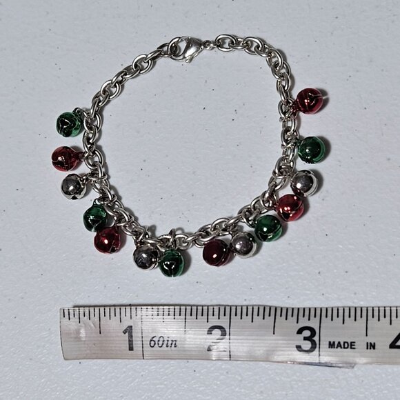 Holiday Jingle Bell Charm Bracelet Christmas Jewelry Red Green Silver Tone Chain - Picture 4 of 4